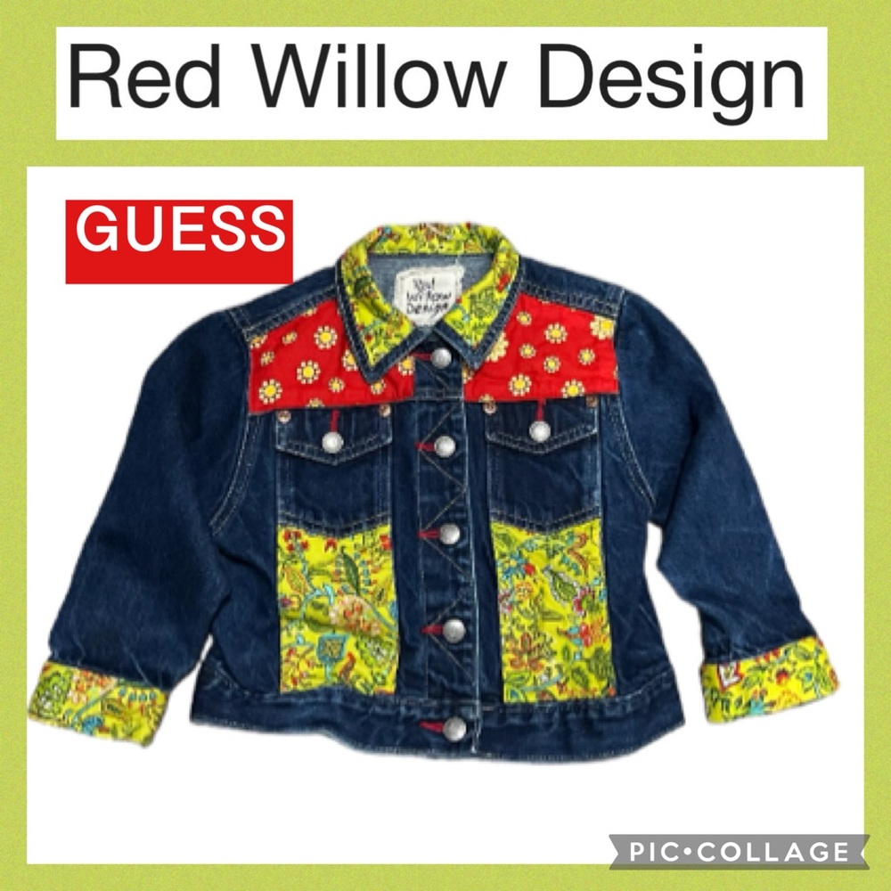 GUESS Girls Size 6 Denim Jacket Red Willow Design Floral Patchwork Western